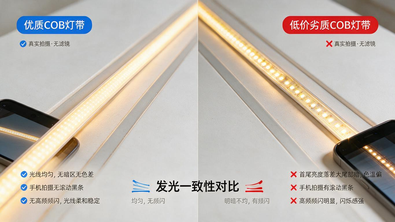 jimeng-2026-07-13-1461-COB 灯带光线均匀度与频闪对比高清实拍图,产品实拍、高清微距、左右分屏专业对比... jimeng-2026-07-13-1461-COB 灯带光线均匀度与频闪对比高清实拍图,产品实拍、高清微距、左右分屏专业对比...