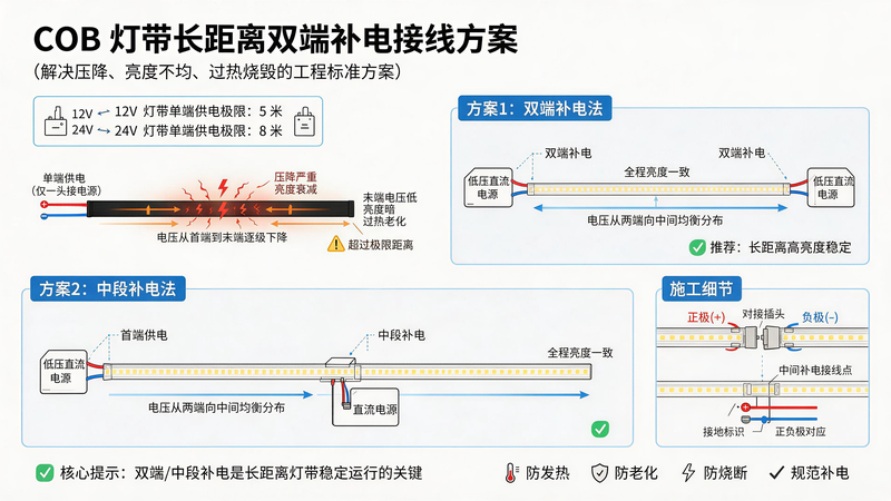 jimeng-2026-07-14-6229-COB 灯带长距离双端补电接线方案示意图，图片类型：工程接线原理示意图、2D 高...