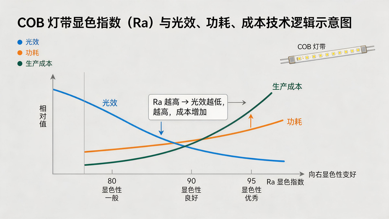 jimeng-2026-07-14-3853-产品技术逻辑示意图,COB 灯带显色指数 Ra 与光效、功耗、成本参数关联关系可... jimeng-2026-07-14-3853-产品技术逻辑示意图,COB 灯带显色指数 Ra 与光效、功耗、成本参数关联关系可...