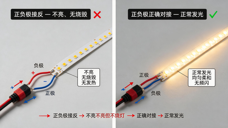 jimeng-2026-07-14-4865-COB 灯带正负极接反故障对比图，图片类型：工程科普对比示意图 _ 高清实拍风，...
