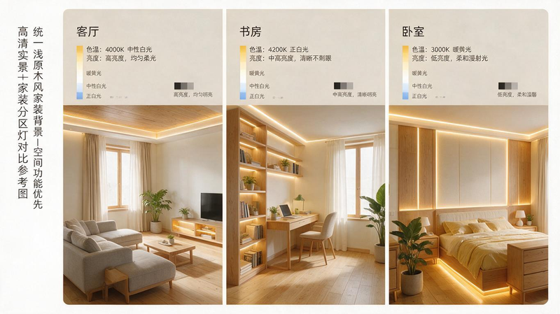 jimeng-2026-07-15-5415-高清实景家装分区对比参考图,横向三板块布局,分别对应客厅、书房、卧室,统一浅原木... jimeng-2026-07-15-5415-高清实景家装分区对比参考图,横向三板块布局,分别对应客厅、书房、卧室,统一浅原木...