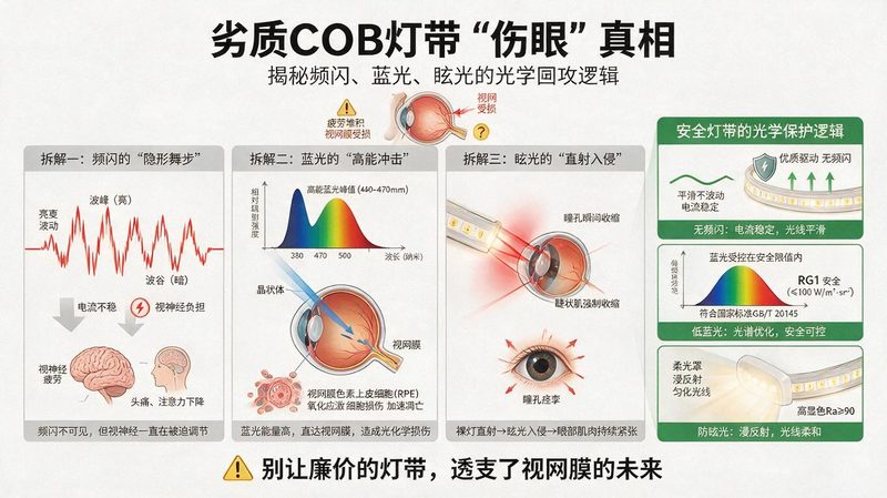 jimeng-2026-07-15-1977-白底科普示意图,三栏拆解劣质 COB 灯带三大伤眼问题:频闪光波曲线、蓝光光谱超... jimeng-2026-07-15-1977-白底科普示意图,三栏拆解劣质 COB 灯带三大伤眼问题:频闪光波曲线、蓝光光谱超...