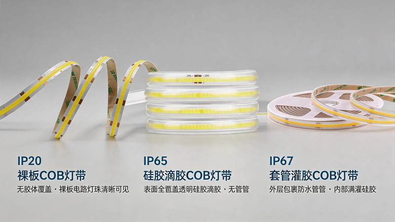 jimeng-2026-07-18-8136-以这张照片为参考，超高清 8K 实景实拍，工业产品特写，三款 COB 灯带横向并...