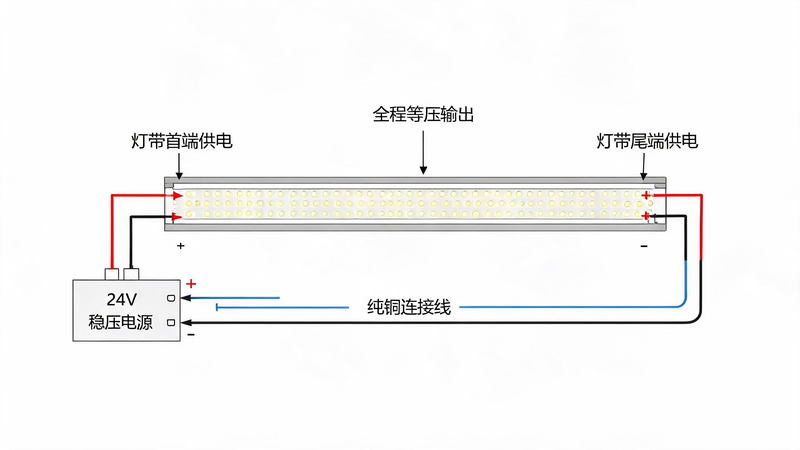 jimeng-2026-07-18-5789-图片名称:24V COB 灯带双头供电标准施工接线示意图 图片风格:工程矢量示意... jimeng-2026-07-18-5789-图片名称:24V COB 灯带双头供电标准施工接线示意图 图片风格:工程矢量示意...