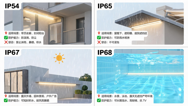 jimeng-2026-07-20-8520-图片标题:COB 灯带 IP54_IP65_IP67_IP68 防护等级对比示意... jimeng-2026-07-20-8520-图片标题:COB 灯带 IP54_IP65_IP67_IP68 防护等级对比示意...