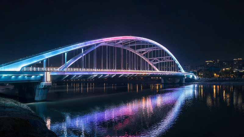 jimeng-2026-07-20-3374-城市跨河桥梁夜景亮化实拍,桥身两侧卡槽内嵌 RGBW COB 线性灯带,流水渐变... jimeng-2026-07-20-3374-城市跨河桥梁夜景亮化实拍,桥身两侧卡槽内嵌 RGBW COB 线性灯带,流水渐变...
