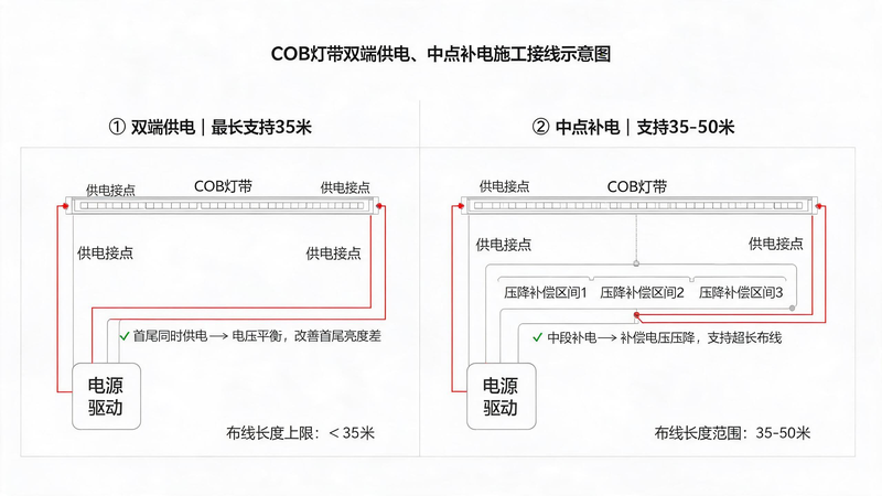 jimeng-2026-07-20-8355-图片名称:COB 灯带双端供电、中点补电施工接线示意图 图片风格:高清扁平化工程... jimeng-2026-07-20-8355-图片名称:COB 灯带双端供电、中点补电施工接线示意图 图片风格:高清扁平化工程...