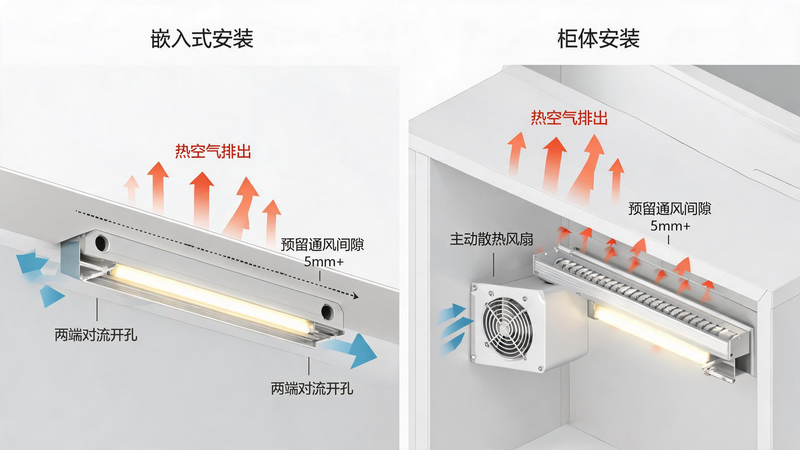 jimeng-2026-07-21-8137-工程标准示意图,左右对比展示两种灯带安装通风设计,左侧为嵌入式吊顶灯槽,COB ... jimeng-2026-07-21-8137-工程标准示意图,左右对比展示两种灯带安装通风设计,左侧为嵌入式吊顶灯槽,COB ...