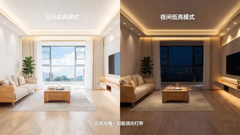 jimeng-2026-07-21-2982-右分屏调光对比,同一原木风客厅场景,左侧为日间高亮照明模式,光线通透清晰满足日常... jimeng-2026-07-21-2982-右分屏调光对比,同一原木风客厅场景,左侧为日间高亮照明模式,光线通透清晰满足日常...