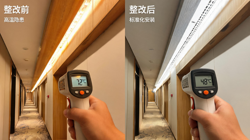 jimeng-2026-07-21-1391-酒店走廊线性照明项目整改前后对比实拍图,左右分屏构图,左侧为整改前:COB 灯带... jimeng-2026-07-21-1391-酒店走廊线性照明项目整改前后对比实拍图,左右分屏构图,左侧为整改前:COB 灯带...