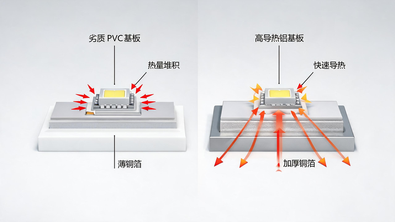 jimeng-2026-07-21-5671-半写实工程剖面结构图,左右对比展示两种 COB 灯带基材差异,左侧为劣质 PVC... jimeng-2026-07-21-5671-半写实工程剖面结构图,左右对比展示两种 COB 灯带基材差异,左侧为劣质 PVC...
