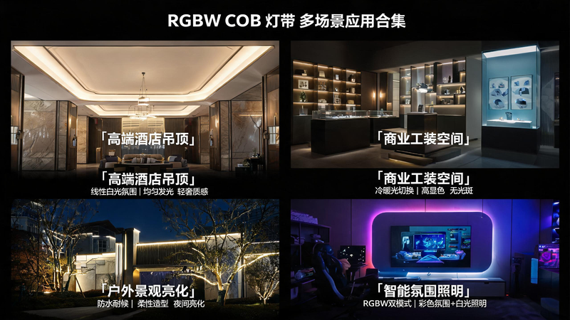 jimeng-2026-07-23-4911-图片名称：RGBW COB 灯带多场景整体应用合集 图片风格：高清商业写实摄影、...