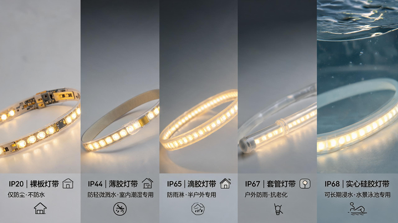 jimeng-2026-07-23-7392-图片主题：COB 灯带 IP20_IP44_IP65_IP67_IP68 全等级...