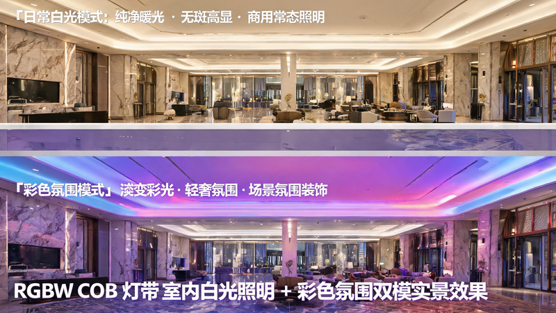 jimeng-2026-07-24-3715-配图名称:RGBW COB 灯带室内吊顶、酒店展厅双模照明实景图 画面风格:高清... jimeng-2026-07-24-3715-配图名称:RGBW COB 灯带室内吊顶、酒店展厅双模照明实景图 画面风格:高清...