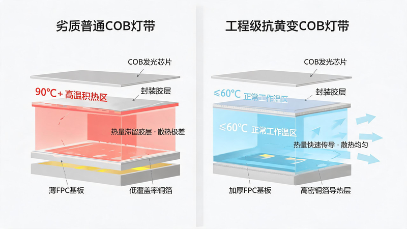 jimeng-2026-07-24-1670-图片主题：COB 灯带散热结构对比示意图（工程科普原理图） 画面构图：横向双栏对...
