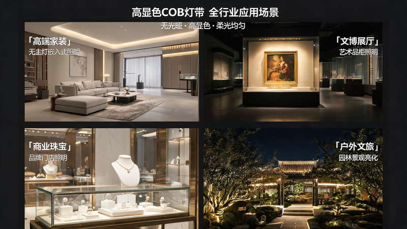 jimeng-2026-07-24-4447-图片主题：高显色 COB 灯带全行业应用场景汇总海报 画面构图：四宫格拼接全景图...