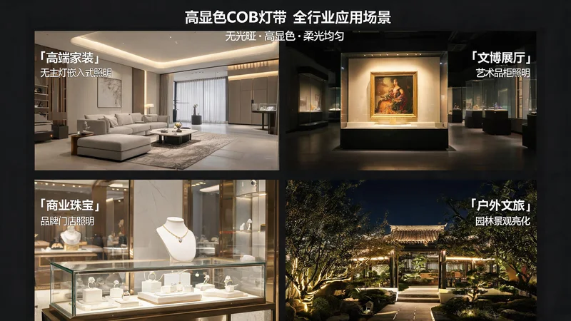 jimeng-2026-07-24-4447-图片主题：高显色 COB 灯带全行业应用场景汇总海报 画面构图：四宫格拼接全景图...