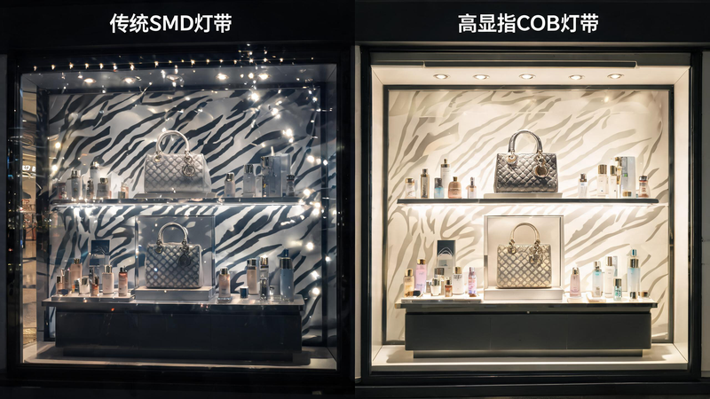 jimeng-2026-07-24-4321-图片名称：传统 SMD 灯带 VS 高显指 COB 灯带橱窗光影对比图 画面构图...