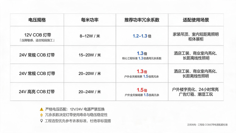 jimeng-2026-07-28-7051-图片名称：COB 灯带电源参数选配对照表 整体风格：极简白底商务表格图、线条规整...
