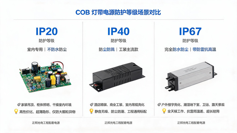 jimeng-2026-07-28-4367-图片名称：LED 电源防护等级对比图 整体风格：极简白底、商务工程风、三分栏并列...