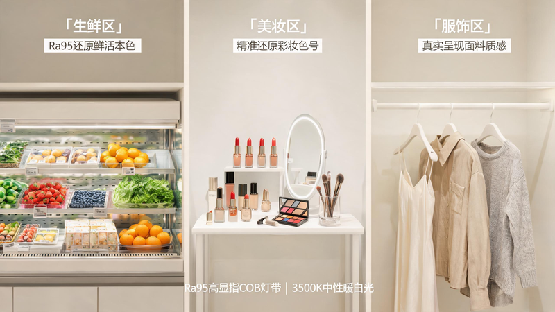 jimeng-2026-07-28-9339-画面主题 精品商超多品类分区灯光展示实景图，三分区清晰分割，直观展示 Ra95 ...
