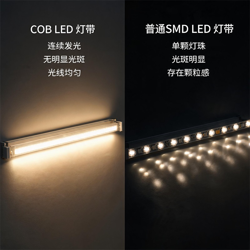 jimeng-2026-08-07-7204-图片主题 COB灯带与普通LED灯带光斑效果对比图——连续发光与颗粒光点差异展示....JPG jimeng-2026-08-07-7204-图片主题 COB灯带与普通LED灯带光斑效果对比图——连续发光与颗粒光点差异展示....JPG